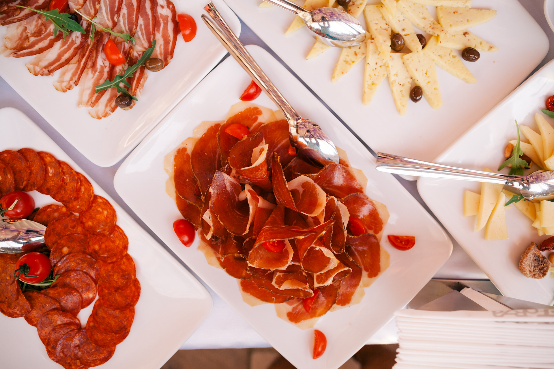 Buffet appetizers gourmet salami and prosciutto top view